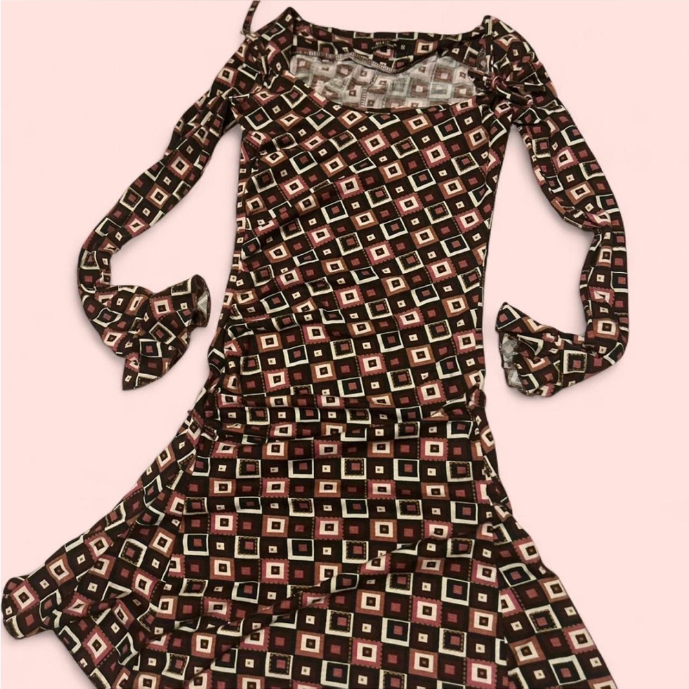 Brown and red/pink geometric print dress with bell sleeves